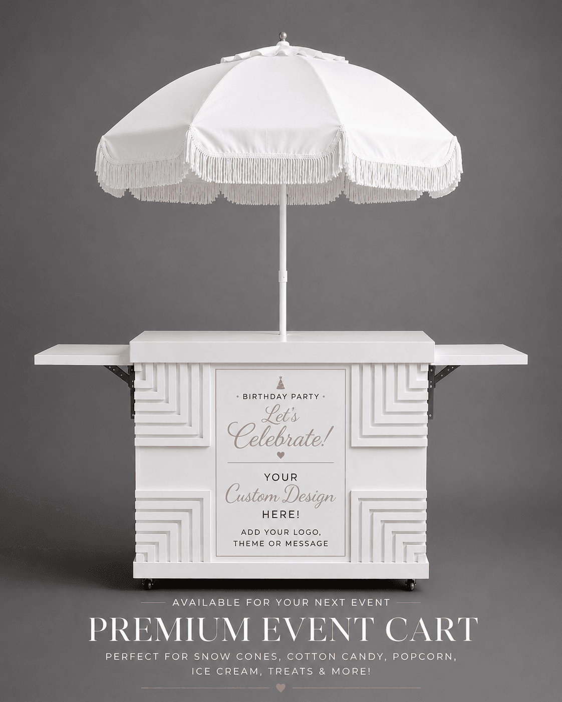 White event cart with geometric patterns, a fringed umbrella, and customizable front for parties.